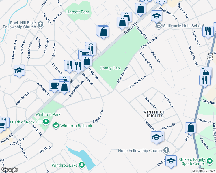 map of restaurants, bars, coffee shops, grocery stores, and more near 834 McNair Street in Rock Hill