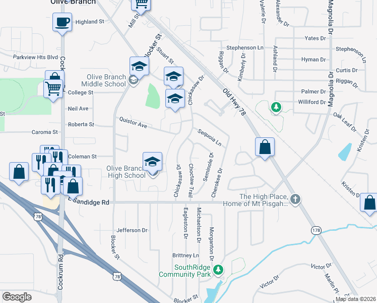 map of restaurants, bars, coffee shops, grocery stores, and more near 6256 Chickasaw Drive in Olive Branch