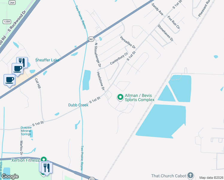 map of restaurants, bars, coffee shops, grocery stores, and more near 2901 South 1st Street in Cabot