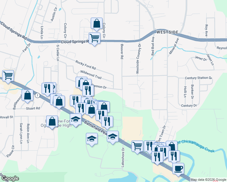 map of restaurants, bars, coffee shops, grocery stores, and more near 1721 Cannon Drive in Fort Oglethorpe