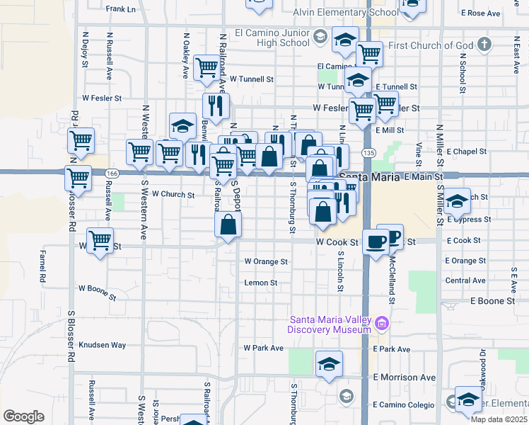 map of restaurants, bars, coffee shops, grocery stores, and more near 212 South Smith Street in Santa Maria