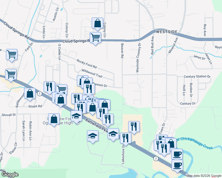 map of restaurants, bars, coffee shops, grocery stores, and more near 1721 Cannon Drive in Fort Oglethorpe