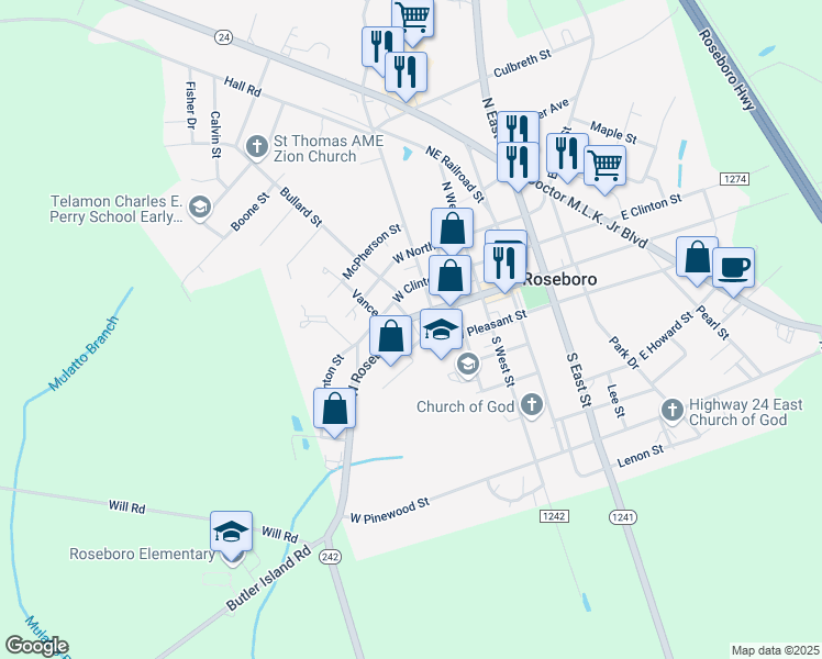 map of restaurants, bars, coffee shops, grocery stores, and more near 503 West Roseboro Street in Roseboro
