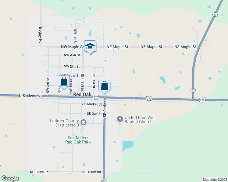 map of restaurants, bars, coffee shops, grocery stores, and more near 306 Northeast Division Street in Red Oak