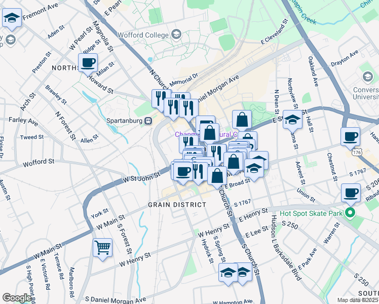 map of restaurants, bars, coffee shops, grocery stores, and more near 171 Magnolia Street in Spartanburg