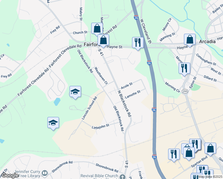 map of restaurants, bars, coffee shops, grocery stores, and more near 402 West Townes Court in Spartanburg