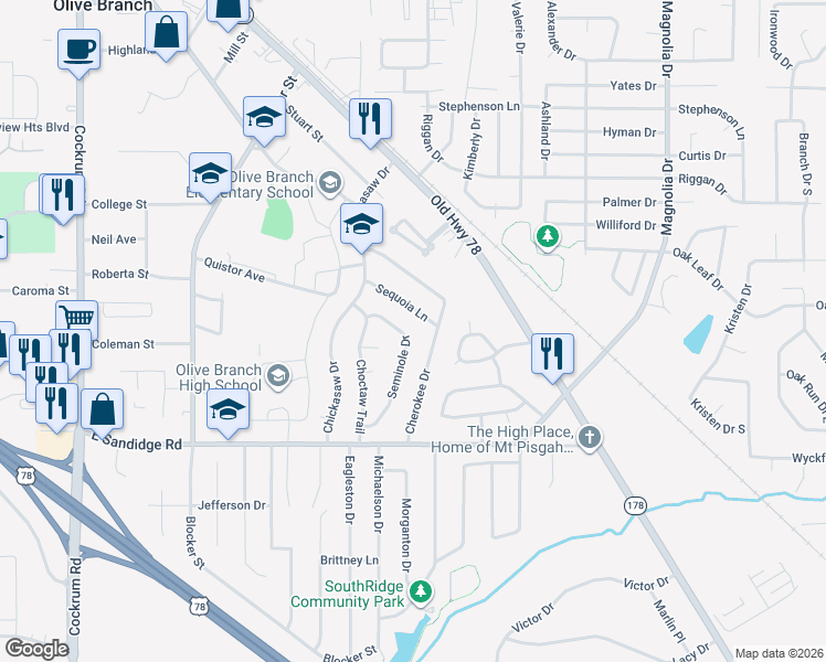 map of restaurants, bars, coffee shops, grocery stores, and more near 9927 Sequoia Lane in Olive Branch
