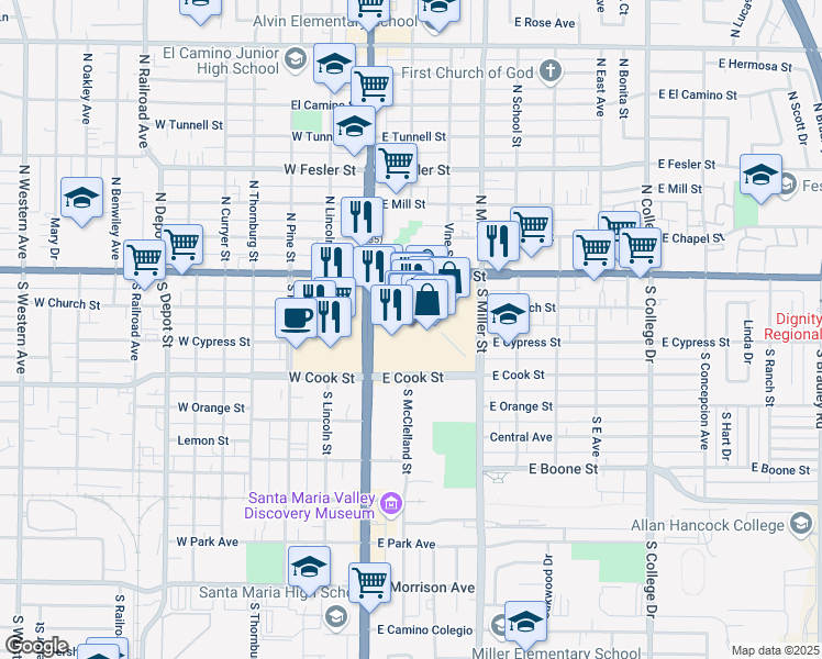 map of restaurants, bars, coffee shops, grocery stores, and more near 142 Town Center East in Santa Maria