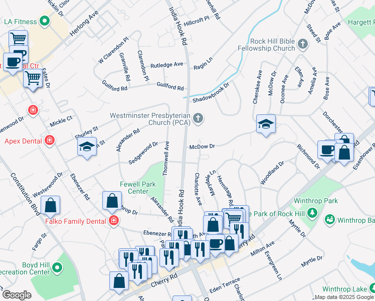 map of restaurants, bars, coffee shops, grocery stores, and more near 704 McDow Drive in Rock Hill