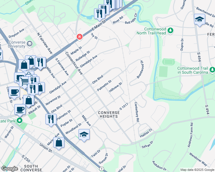 map of restaurants, bars, coffee shops, grocery stores, and more near 735 Palmetto Street in Spartanburg