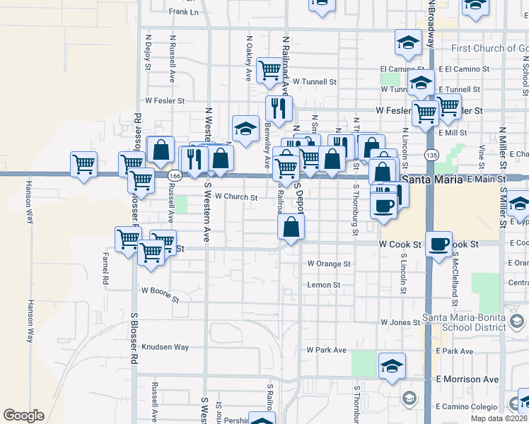 map of restaurants, bars, coffee shops, grocery stores, and more near 825 West Cypress Street in Santa Maria