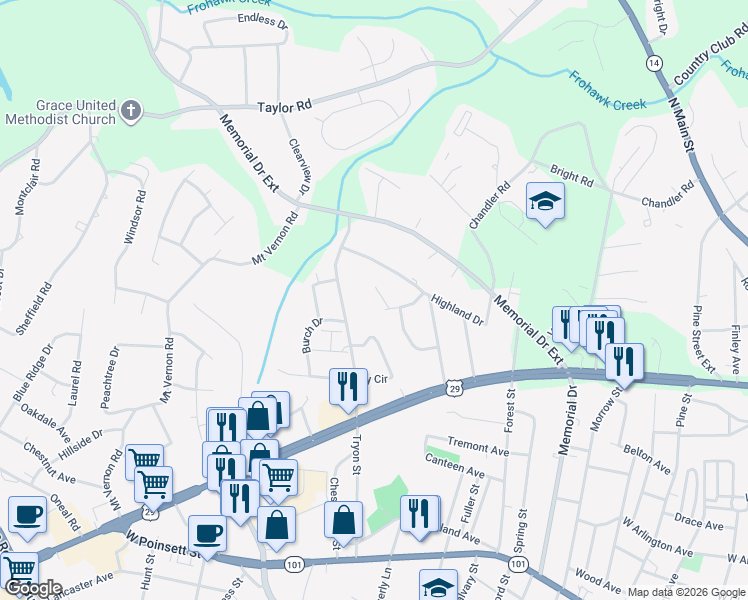 map of restaurants, bars, coffee shops, grocery stores, and more near 103 Boulder Creek Way in Greer