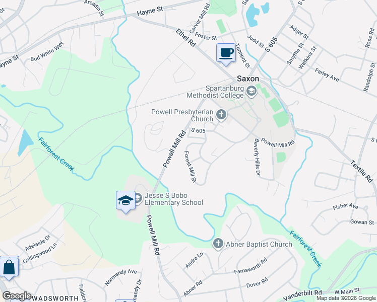 map of restaurants, bars, coffee shops, grocery stores, and more near 9 Forest Mill Street in Spartanburg