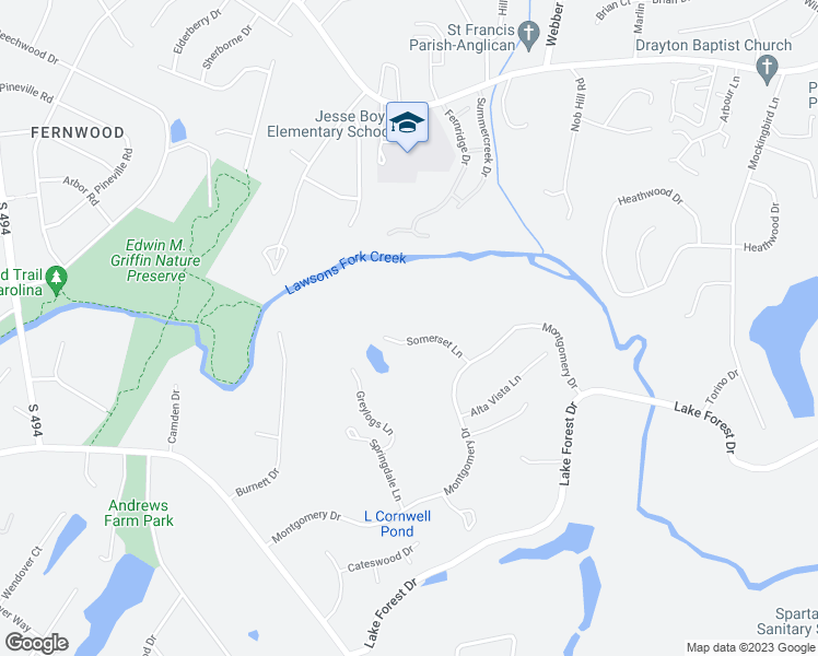 map of restaurants, bars, coffee shops, grocery stores, and more near 120 Somerset Lane in Spartanburg