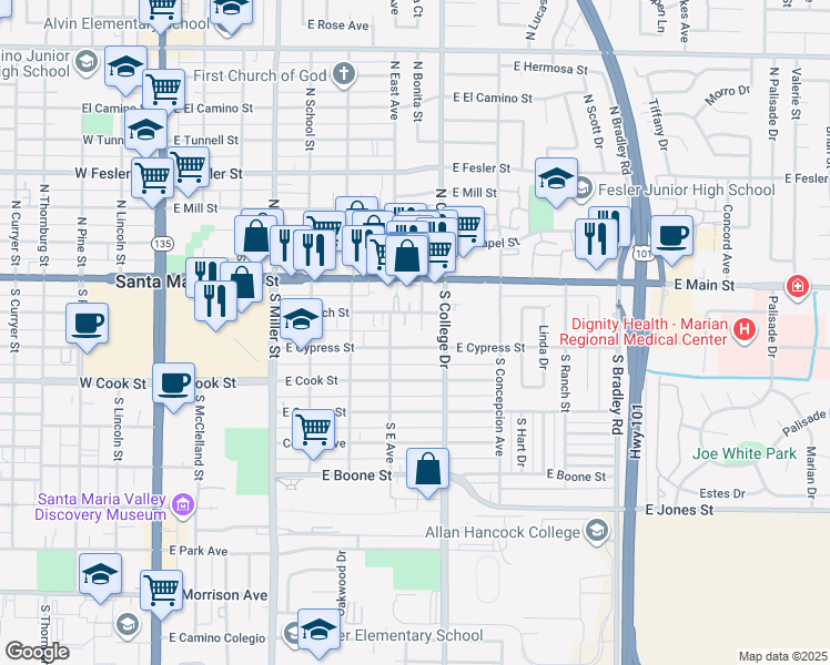 map of restaurants, bars, coffee shops, grocery stores, and more near 215 South Bonita Street in Santa Maria