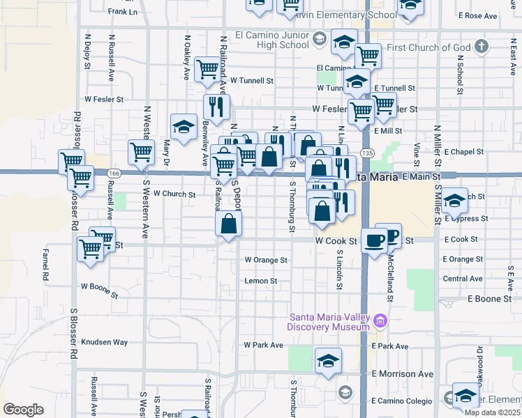 map of restaurants, bars, coffee shops, grocery stores, and more near 212 South Smith Street in Santa Maria
