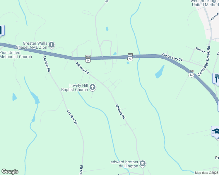 map of restaurants, bars, coffee shops, grocery stores, and more near 117 Pemberton Lane in Rockingham