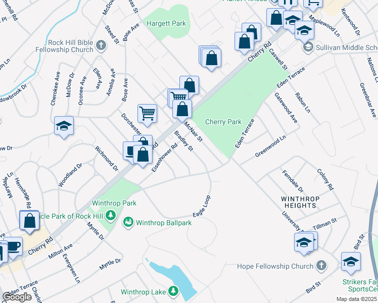 map of restaurants, bars, coffee shops, grocery stores, and more near 857 Bradley Street in Rock Hill