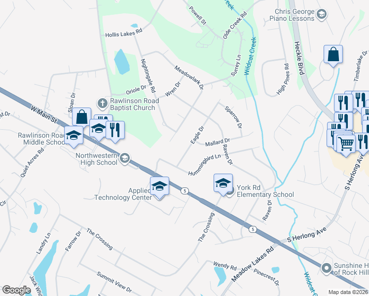 map of restaurants, bars, coffee shops, grocery stores, and more near 1112 Eagle Drive in Rock Hill