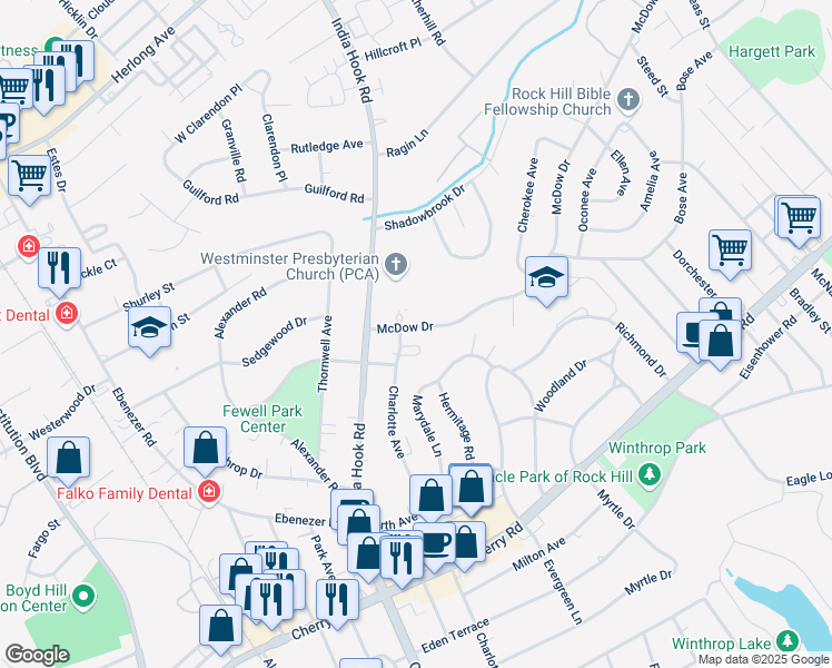 map of restaurants, bars, coffee shops, grocery stores, and more near 748 McDow Drive in Rock Hill