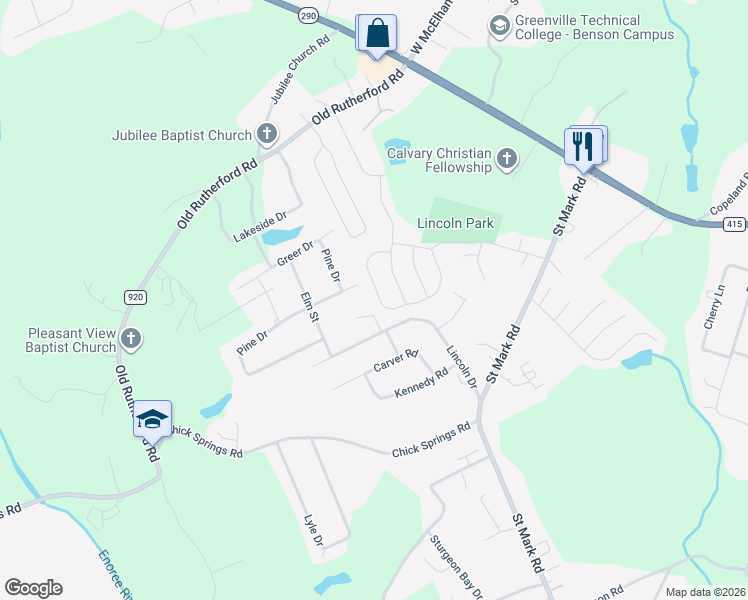 map of restaurants, bars, coffee shops, grocery stores, and more near 180 Pine Drive in Taylors