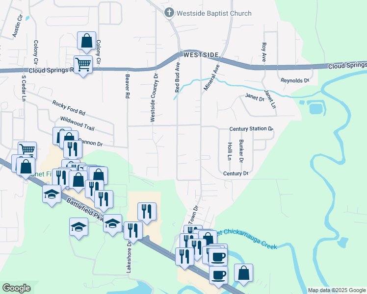 map of restaurants, bars, coffee shops, grocery stores, and more near 451 Red Bud Avenue in Rossville