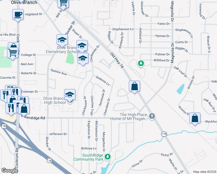 map of restaurants, bars, coffee shops, grocery stores, and more near 9927 Sequoia Lane in Olive Branch