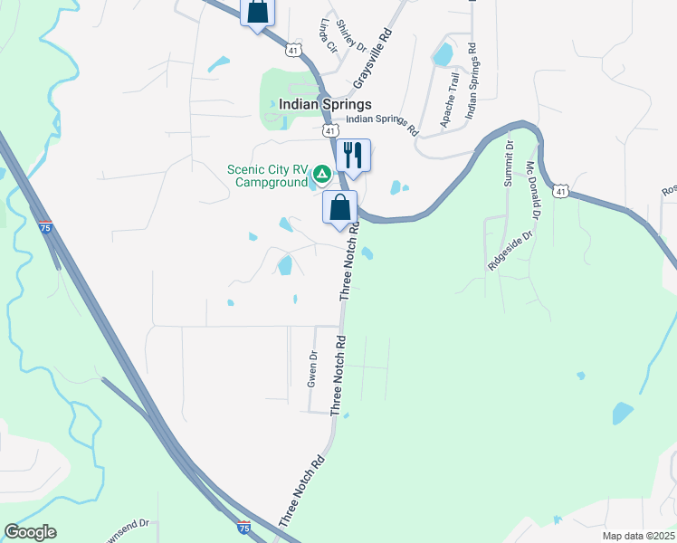 map of restaurants, bars, coffee shops, grocery stores, and more near 172 Three Notch Road in Ringgold