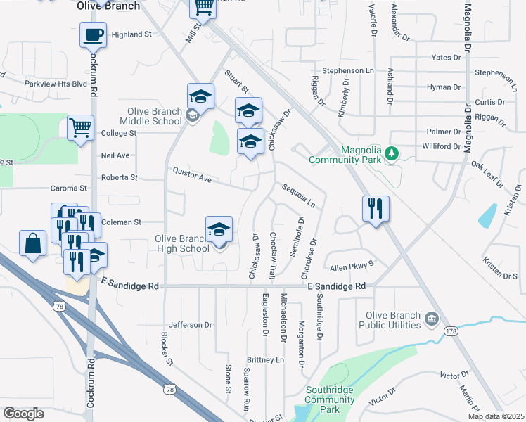 map of restaurants, bars, coffee shops, grocery stores, and more near 6256 Chickasaw Drive in Olive Branch