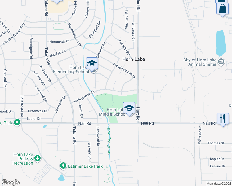 map of restaurants, bars, coffee shops, grocery stores, and more near 2615 Valleybrook Road in Horn Lake