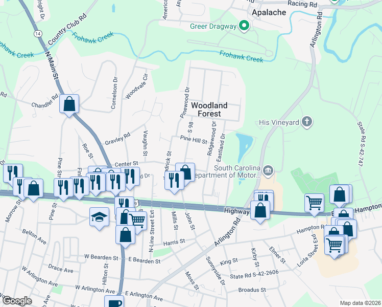 map of restaurants, bars, coffee shops, grocery stores, and more near 412 John Street in Greer