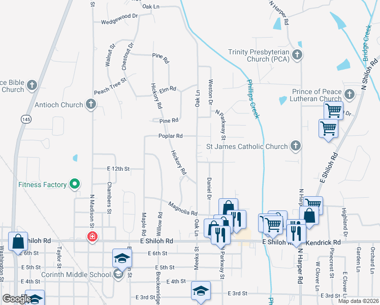 map of restaurants, bars, coffee shops, grocery stores, and more near 2007-2051 Oak Ln in Corinth