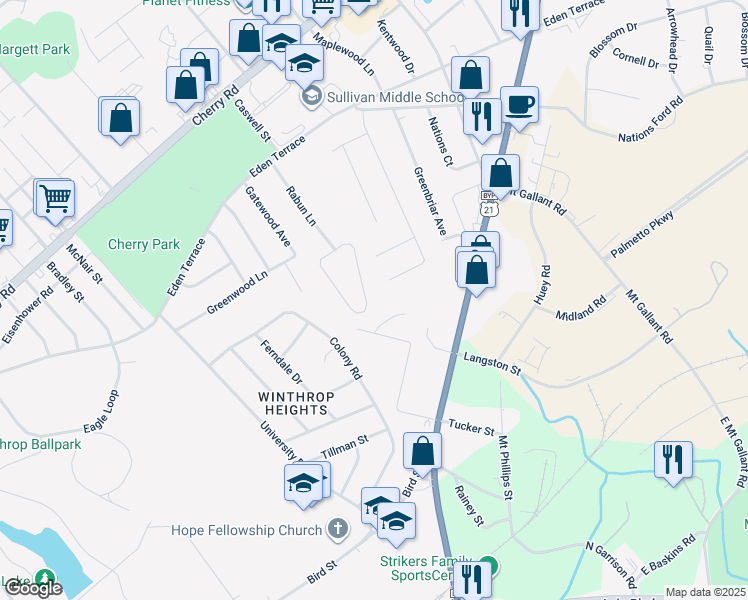 map of restaurants, bars, coffee shops, grocery stores, and more near 604 Rabun Circle in Rock Hill