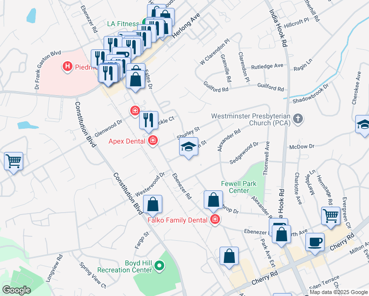 map of restaurants, bars, coffee shops, grocery stores, and more near 135 Dotson Street in Rock Hill