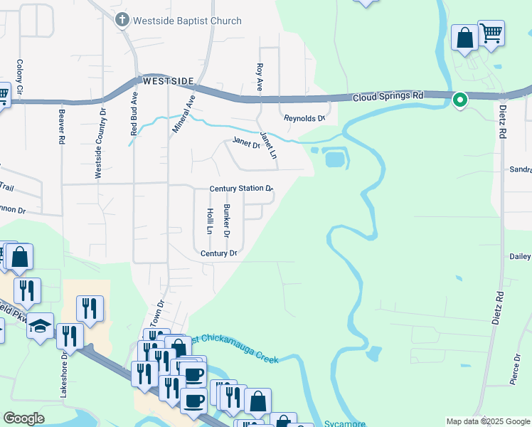map of restaurants, bars, coffee shops, grocery stores, and more near 58 Outpost Drive in Rossville