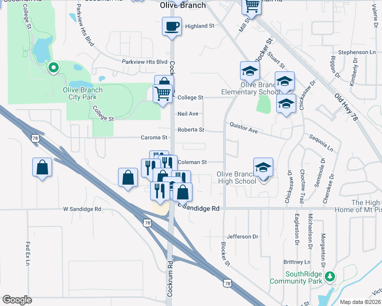 map of restaurants, bars, coffee shops, grocery stores, and more near 9101 Rue Orleans Lane in Olive Branch