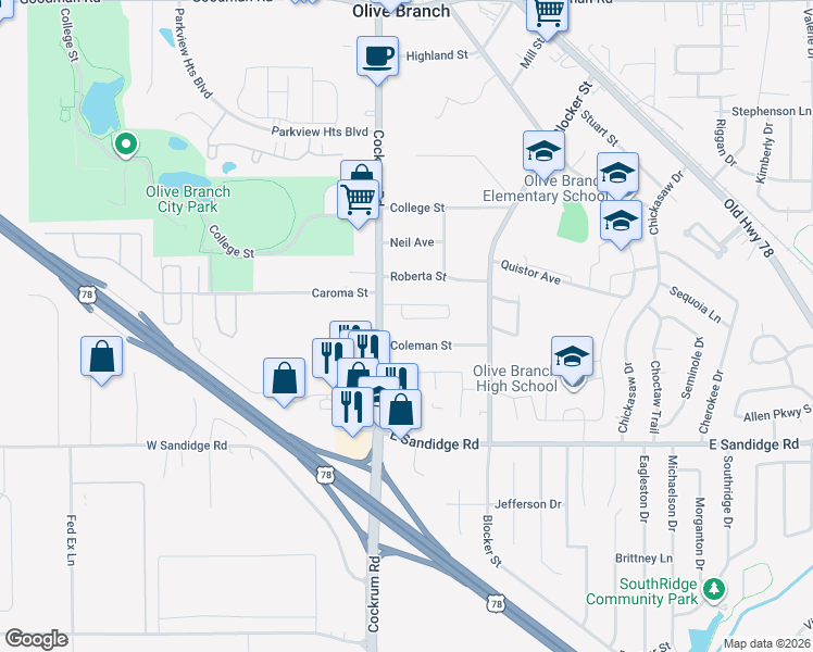 map of restaurants, bars, coffee shops, grocery stores, and more near 9101 Rue Orleans Lane in Olive Branch