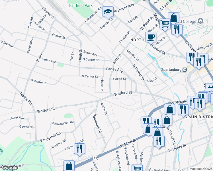 map of restaurants, bars, coffee shops, grocery stores, and more near 446 Arch Street in Spartanburg