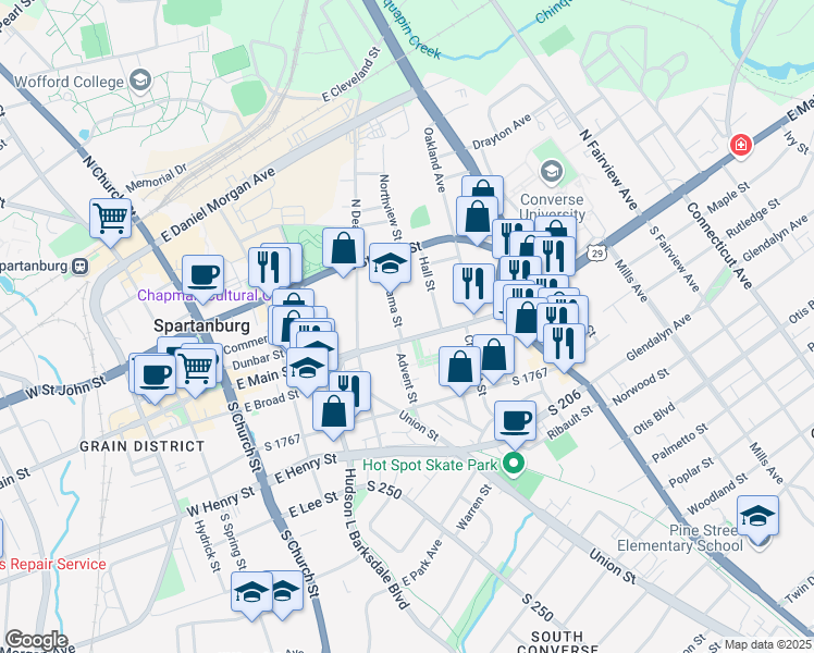 map of restaurants, bars, coffee shops, grocery stores, and more near 340 East Main Street in Spartanburg