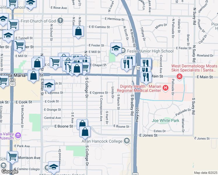 map of restaurants, bars, coffee shops, grocery stores, and more near 230 Capitol Drive in Santa Maria