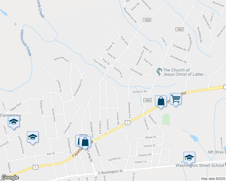map of restaurants, bars, coffee shops, grocery stores, and more near 429 Lumyer Road in Rockingham
