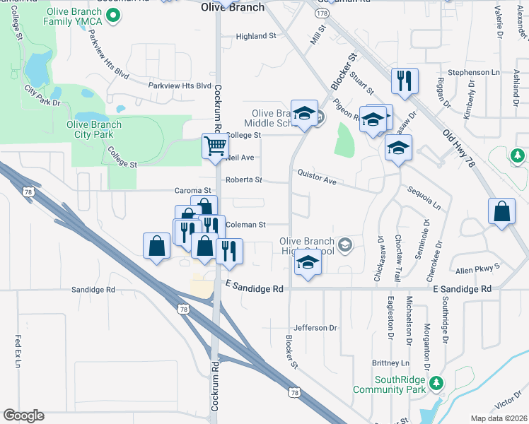 map of restaurants, bars, coffee shops, grocery stores, and more near 9191 Rue Orleans Lane in Olive Branch