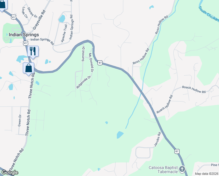 map of restaurants, bars, coffee shops, grocery stores, and more near 132 Boofer Road in Ringgold