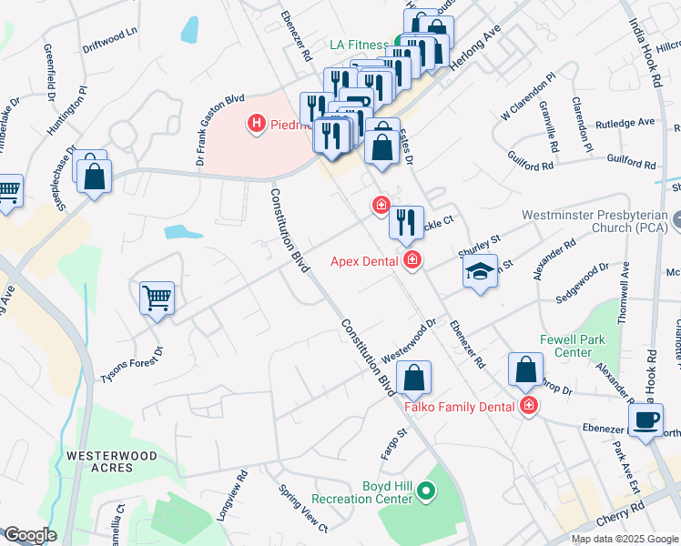 map of restaurants, bars, coffee shops, grocery stores, and more near 1562 Constitution Boulevard in Rock Hill