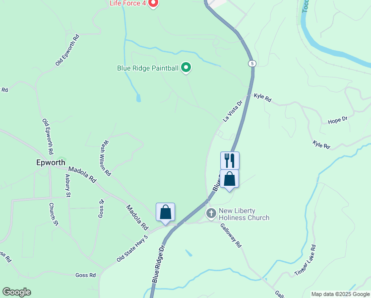 map of restaurants, bars, coffee shops, grocery stores, and more near 340 La Vista Drive in Blue Ridge