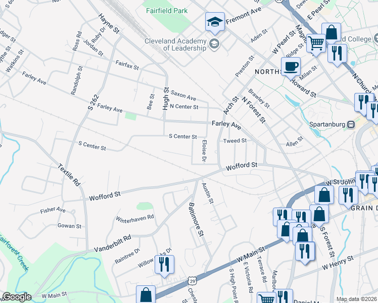 map of restaurants, bars, coffee shops, grocery stores, and more near 448 Tryon Street in Spartanburg