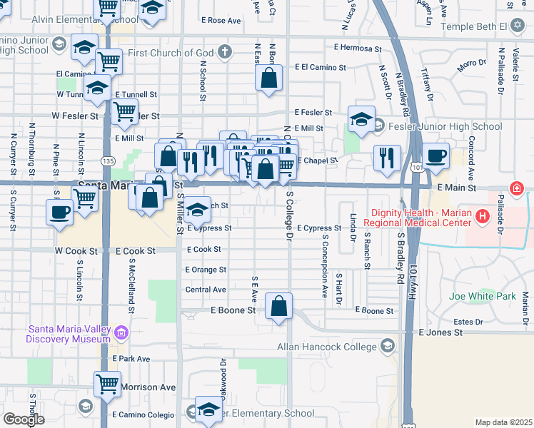 map of restaurants, bars, coffee shops, grocery stores, and more near 712 East Church Street in Santa Maria