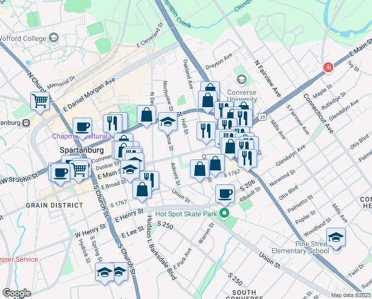 map of restaurants, bars, coffee shops, grocery stores, and more near 340 East Main Street in Spartanburg