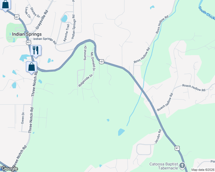 map of restaurants, bars, coffee shops, grocery stores, and more near 132 Boofer Road in Ringgold