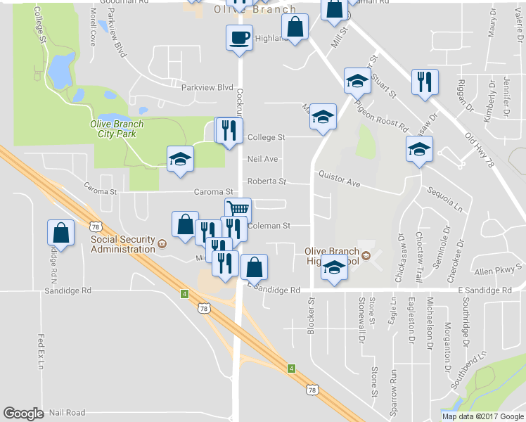 map of restaurants, bars, coffee shops, grocery stores, and more near 9101 Rue Orleans Lane in Olive Branch
